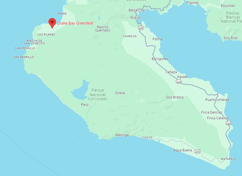 Drake Bay Greenleaf pinned on a map of the Osa Peninsula