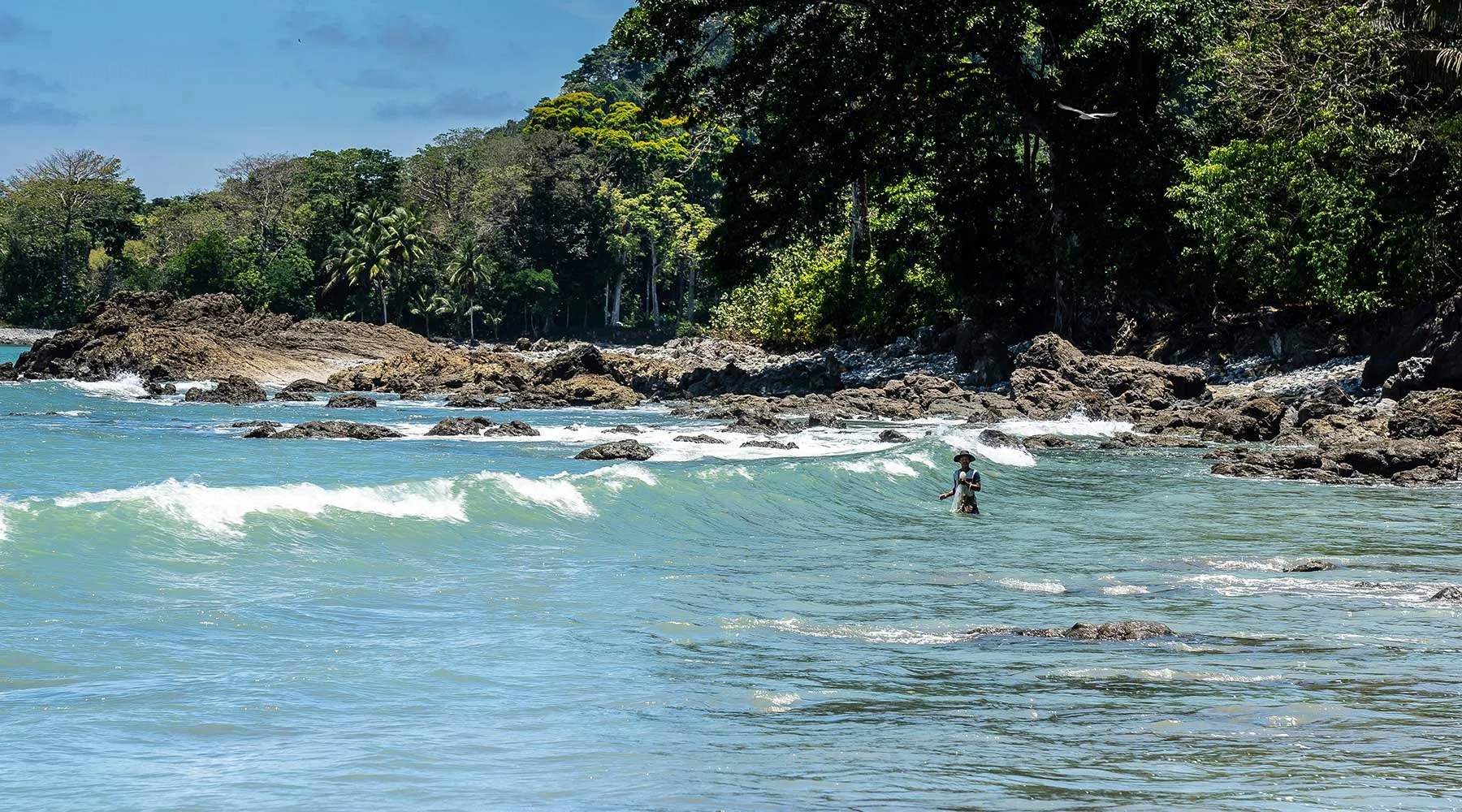 Osa Peninsula beach with lots of waves and one person in the surf