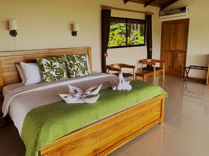 Tropical-style bedroom with a wooden king bed, green accents, and views of surrounding nature.